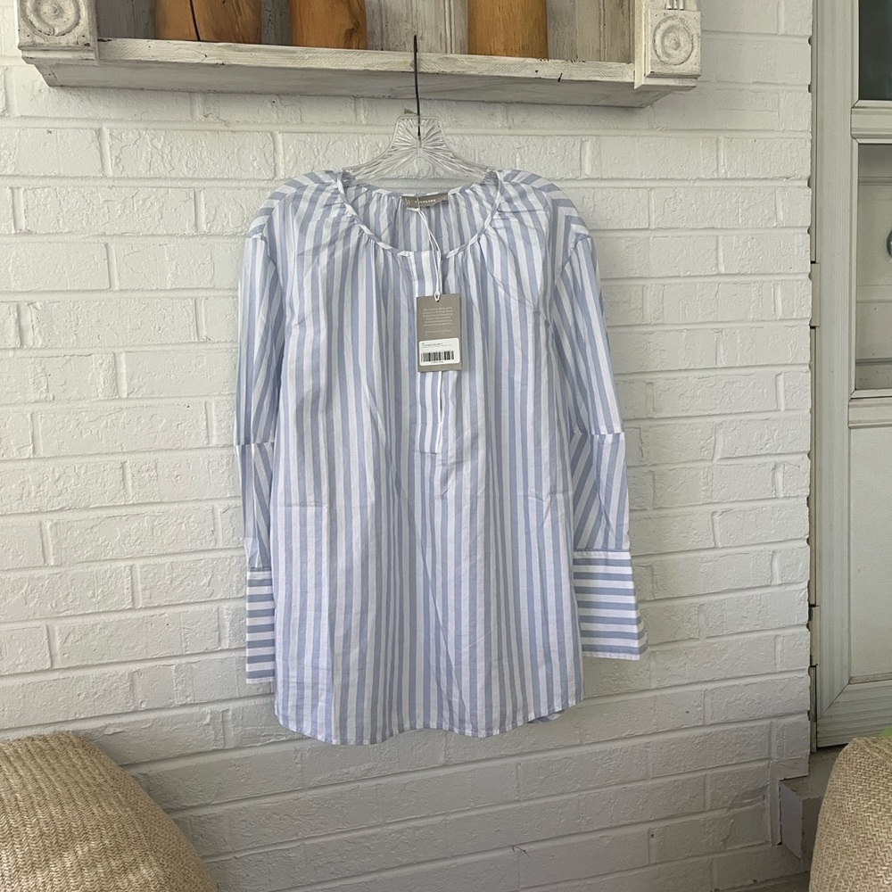 NWT Everlane Silky Cotton Balloon Sleeve Striped Shirt Blue White 4 SM fit